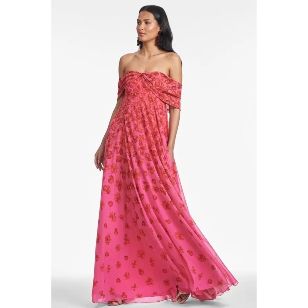Sachin & Babi Kennedy Gown Rose Vermilion Floral Off-The-Shoulder Dress Size 8